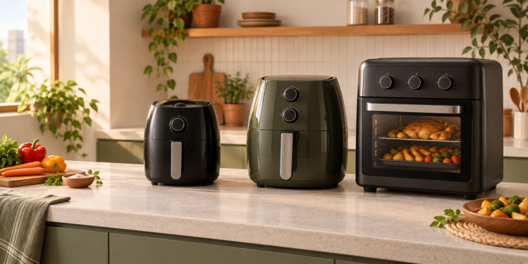 Três tamanhos de Air Fryer em uma cozinha organizada