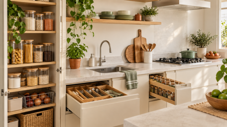 Cozinha clara e organizada com potes, gavetas e prateleiras bem distribuídos