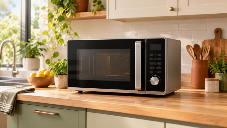 Micro-ondas de bancada em cozinha clara e organizada