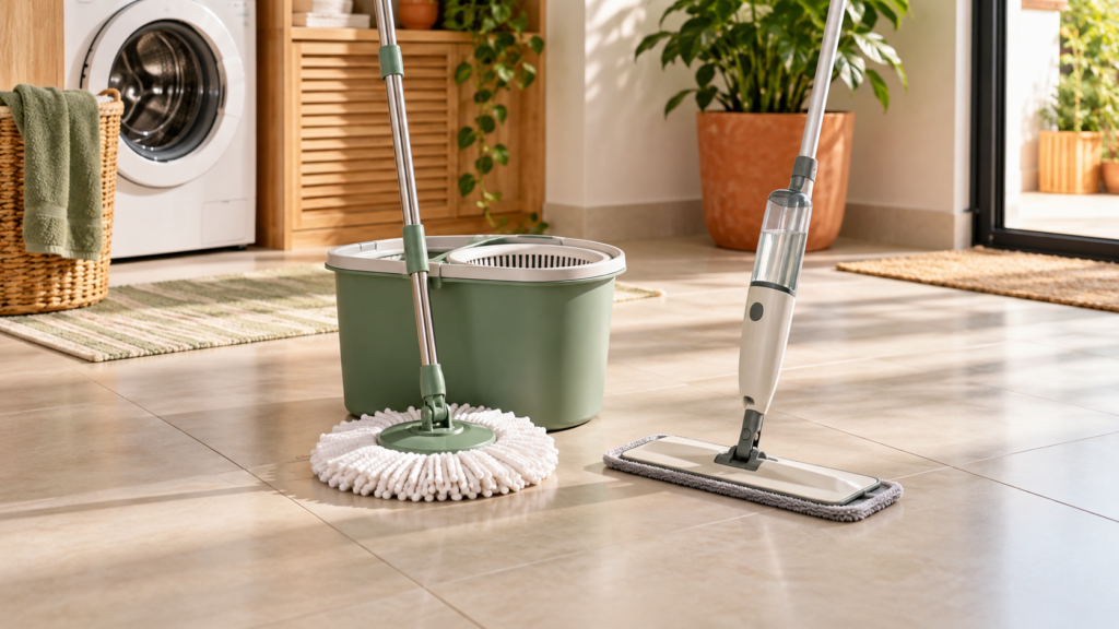 Mop giratório com balde e mop spray lado a lado em lavanderia clara